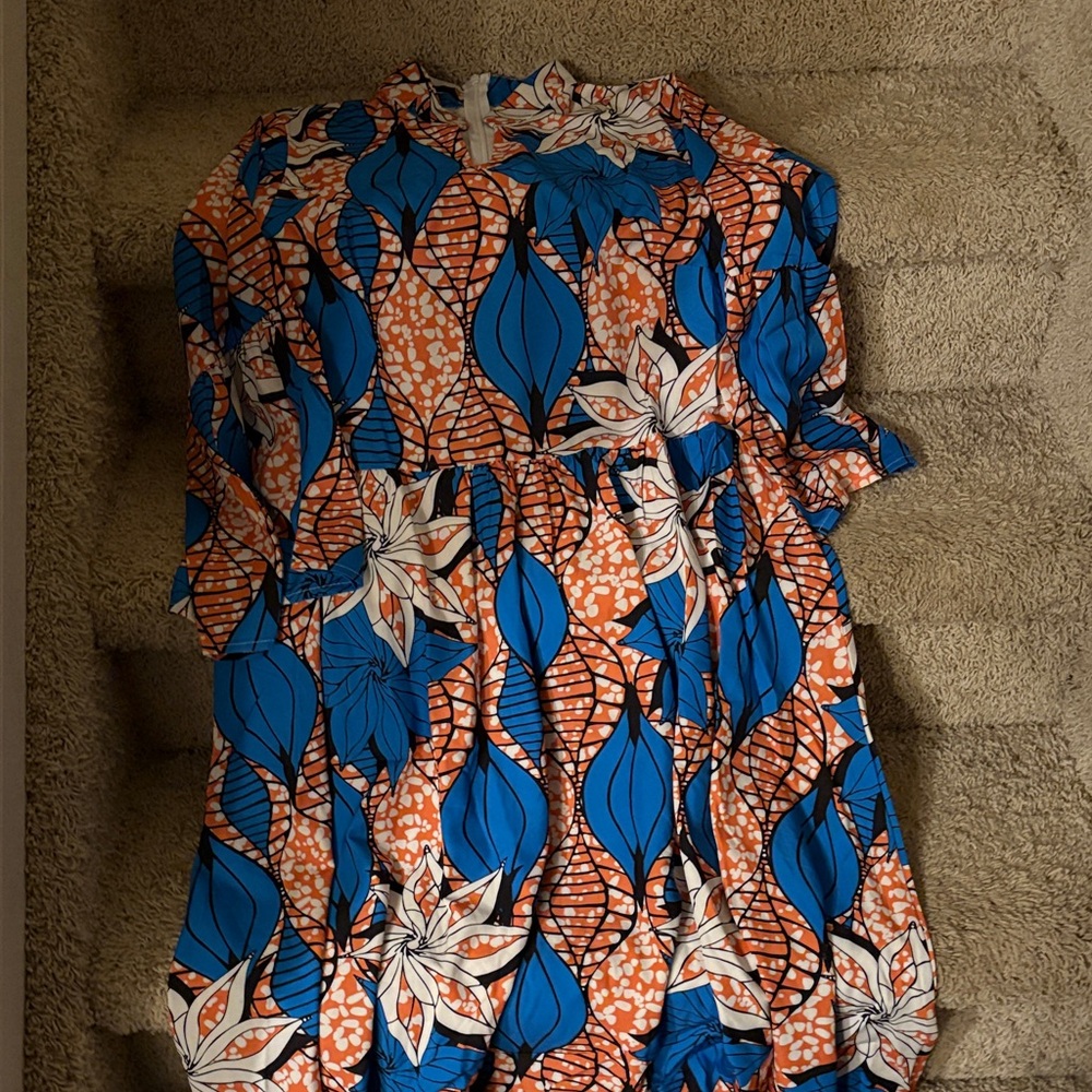 Vibrant Blue and Orange Floral Dress - Ankara Print